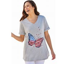Plus Size Women's Cuffed Americana Print Tee By Woman Within In Heather Grey Americana Butterfly (Size M) Shirt