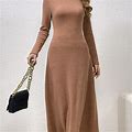Solid Color Dress, Women's Mock Neck Dress For Fall Women's Clothing Elegant Long Sleeve Dress,Khaki,Must-Have,By Temu