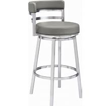 Armen Living Madrid 26" Counter Height Swivel Gray Faux Leather And Brushed Stainless Steel Bar Stool For Kitchen Island Counter