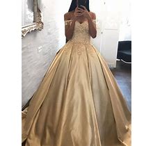 Prom Dress Champagne Long Off-The-Shoulder Ball Gown Satin 2024