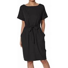 Women's Plus Tie Waist Short Sleeve Stretchy DTY Pocket Shift Dress Casual To Office