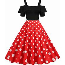Wellwits Women's Ruffle Off Shoulder Strap Polka Dots 1950S Vintage Dress