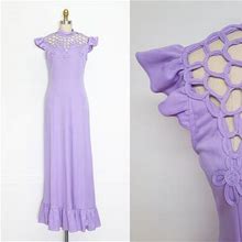 VINTAGE 60S 70S AMAZING Lilac Romantic Ethereal Caged Woven Flutter Angel Sleeve Ruffled Duster Maxi Dress Hippie Boho M