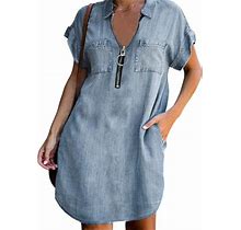 Women Jean Dresses V Neck Denim Shirt Dress Ladies Travel Casual Short