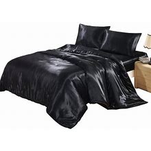 Willstar Satin Silk Duvet Cover Sets With Pillowcase 3Pcs Black Bedding Sheet Sets For Single Double King Size