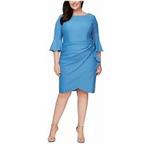 Alex Evenings Womens Light Blue Stretch Zippered Embellished Ruched Jersey Scuba Ruffled Bell Sleeve Boat Neck Above The Knee Cocktail Sheath Dress Pl
