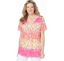 Plus Size Women's Short-Sleeve V-Neck Shirred Tee By Woman Within In Raspberry Sorbet Ombre Butterfly (Size 3X)