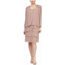 Slny Womens Beige Embellished Ruffled 3/4 Sleeve Jewel Neck Knee Length Evening Sheath Dress 18