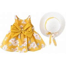 Summer Savings Clearance 2024! Itsun Toddler Girl Dress,Toddler Baby Girls Printed Patterns Beach Princess Party Dresses Bow Sundress With Hat Set Yel