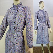 Vintage 70S Ruffle Collar Secretary Dress Size Small, Lavender Ditsy Floral Petite Long Sleeve Belted Knee Length 80S Office Work Clothing