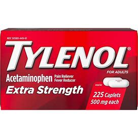 225 Tylenol Extra Strength 500 Mg Acetaminophen Caplets, Pain , Fever.