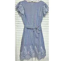 M L Blue Dress White Striped Ralph Lauren Embroidered Cotton Ruffle