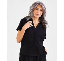 Style & Co Petite Cotton Short-Sleeve Camp Shirt, Created For Macy's - Deep Black - Size PS
