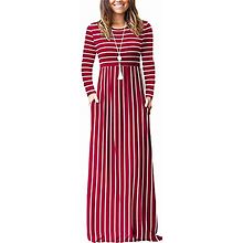 Hount Womens Long Sleeve Striped Winter Casual Long Maxi Dresses With Pockets 1Long Sleeve Red Medium, 1-Long Sleeve Red