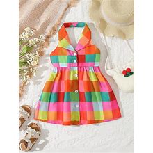 Baby Girl Plaid Print Button Front Halter dress,6-9m