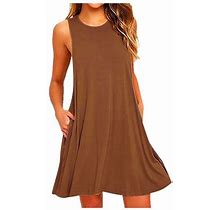 Summer Dress For Women Women O Neck Casual Pockets Sleeveless Above Knee Dress Loose Party Dress Dresses Polyester Coffee S