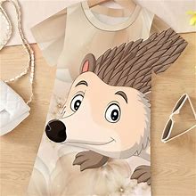 3D Cute Hedgehog Graphic Short Sleeve Dress For Girls Summer,Multicolor,Must-Have,Temu