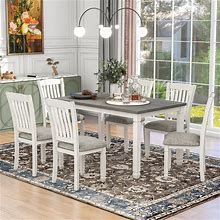 Merax 7-Piece Dining Table Set, Dining Table And 6 Upholstered Chairs With Shaped Legs, Dining Room Set, For Living Room, Gray+White