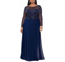 Xscape Long Sleeve Beaded Chiffon Gown In Navy/Antique