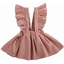 Mioliknya Baby Girls Flying Sleeve Soft Corduroy A-Line Solid Color Strap Pleats Dress