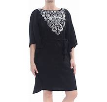 Aidan Mattox Womens Black Rhinestone Floral Bell Sleeve Jewel Neck Knee Length Fit + Flare Dress 0