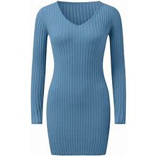 Caicj98 Fall Clothes For Women 2023 Women's Casual Long Sleeve Knitted Tie Waist Loose Fit Party Mini Sweater Dress Sky Blue,XL