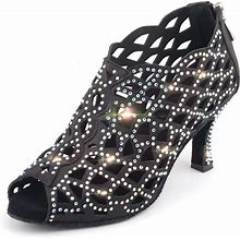 Women's Latin Shoes Heel Sparkling Glitter Flared Heel Pink Black Zipper Glitter Crystal Sequined Jeweled / Performance / Satin