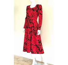 Vintage C1970s Joanie Chan Red & Black Floral, Pure Cotton, Side Zip, A-Line, Midi Dress, 8