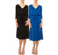 Moa Collection Women's Solid Wrap Dress 3/4 Sleeve V Neck Waist Tie Pack Of 2