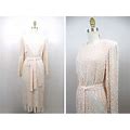 70S Blush Silk Beaded Dress W/ Belt // 1970 Vintage Peach Pink Ivory Sequined Dress