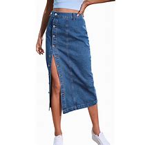 Womens Casual Slit Denim Midi Jean Skirt Stretch High Waist Frayed Button Up With Pockets