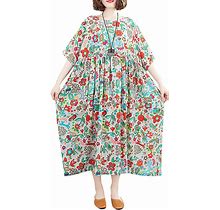Versear Women Cotton Linen Dress Casual Loose Bohemian Floral Maxi Dress With Pockets