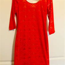 Coral Lace Knee Length Dress | Color: Red | Size: M