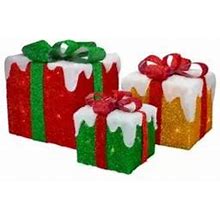 Northlight Set Of 3 Led Lighted Green Gold And Red Snowy Gift Boxes Outdoor Christmas Decorations