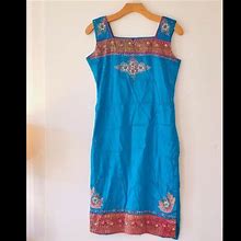 Vintage Dresses | Vintage Heavily Beaded Aqua Turquoise Iridescent Indian Kurta Tunic Gems Dress. | Color: Blue | Size: 8