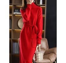 100% Wool Ladies Dress Long-Sleeved Long High-Neck Cashmere Dress Sweater