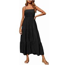 Black And Friday Deals 50% Off Clear! Asdoklhq Womens Dresses,Women's Bohemian Spaghetti Strap Smocked Tiered Long Beach Sun Dresses Sleeveless Solid