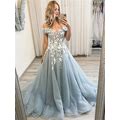 Prom Dress Dusty Blue Long Off-The-Shoulder A-Line Tulle 2024