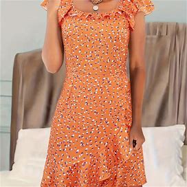 Polka Dots Square Neck Ruffle Trim Dress, Women's Casual Square Neck Dress Spring Summer Women's Clothing Wrap Dress,Orange,Reliable,Temu