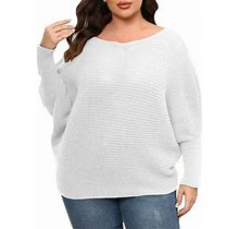 Mrat Sweater Dresses For Women Large Solid Round Neck Sweaters Cropped Sweaters For Ladies Cable Knit Sweater Off Shoulder Loose Knit White L