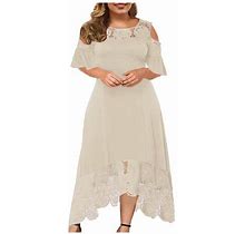 Bigersell Women Plus Size Lace Dresses Summer Round Neck Short Sleeve Cold Shoulder Dress High Low Evening Party Midi Dress Loose Casual Tunic Swing S