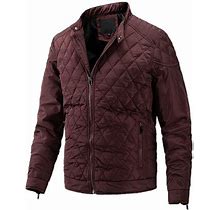 Symoid Mens Parkas- Autumn And Winter Casual Plus Velvet Stand Collar Diamond Cotton Jacket Tooling Coat Cotton Jacket Wine L