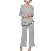 Silver Pant Suits For Women Dressy Long Formal Pant Suit Set Chiffon Grandmother Of The Bride Pants Suit US 10