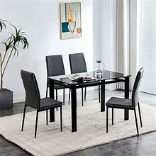 5 Pieces Dining Table Set With Glass Table And 4 Faux Leather Chairs