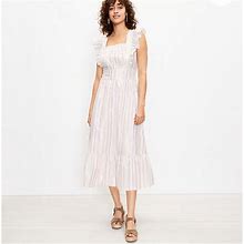 Loft Dresses | Loft Shimmer Stripe Ruffle Cutout Back Midi Dress White 2 | Color: Purple/White | Size: 2