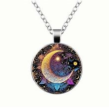 1Pc Bohemian Style Retro Colorful Moon Pattern Round Pendant Necklace, Birthday Gift, Graduation Anniversary Gift For Teen Girls,Must-Have,By Temu