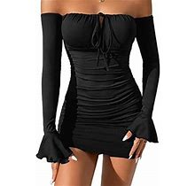 Women's Petite Off-The-Shoulder Long-Sleeved Tailored Tie Front Mini Dress