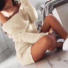 Fall Dresses For Women 2023 Women's Neck Ribbed Long Sleeve Bodycon Pullover Cute Mini Sweater Dress White,L