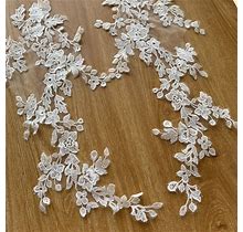 Off White Paired Long Piece Floral Bridal Lace Motif, Wedding Dress Applique, For Dance Costume, Bridal Dress Accessary
