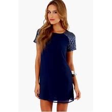 Tobi Dresses | Navy Shift Dress With Sequin Sleeves | Color: Blue | Size: S